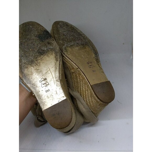 Tory Burch Brown Canvas Tie Wrap Espadrille Wedge Heels Size 9 FLAWED - Picture 10 of 16